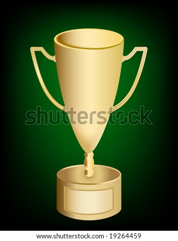 Gold trophy award cup on base with handles and nameplate on green glow background.