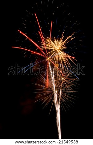 Multiple and varied fireworks bursts against pure black sky. Main colors gold and orange with some blue accent.
