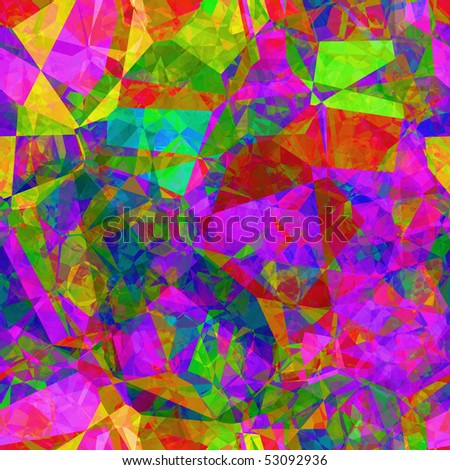 Vivid color shards form stained glass abstract, seamless background tile pattern.