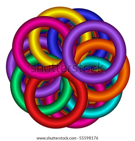 Rainbow colored fractal of overlapping rings form endless circular pattern on white background.