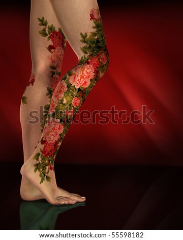 stock photo Female legs with red flower tattoos or body art against red 