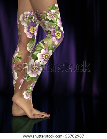 stock photo : Female legs with purple and pink flower tattoos or body art 