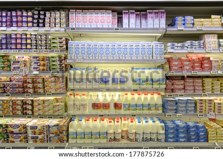 Strasbourg, France 10 February 2014: Selection Of Yogurts, Soy Milk And Milk On The Shelves In A Supermarket Strasbourg, France.