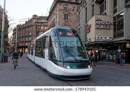 STRASBOURGH, FRANCE - FEB 17 2014: Kleber Strasbourg tram stop in the square is serving thousands of passengers every day