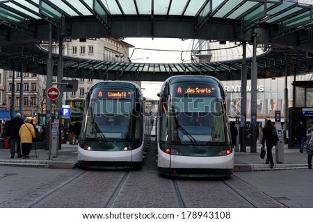 STRASBOURG, FRANCE - FEB 17 2014: Kleber Strasbourg tram stop in the square is serving thousands of passengers every day