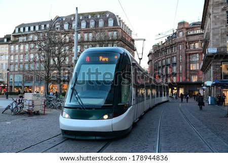 STRASBOURG, FRANCE - FEB 17, 2014: Kleber Strasbourg tram stop in the square is serving thousands of passengers every day
