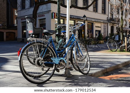 STRASBOURG, FRANCE - FEB 17, 2014: Bicycle use is very common in Strasbourg, bikes can be rented from various rental companies