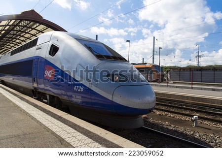 Strasbourg , FRANCE - 20 September 2014 : TGV high speed french train in gare de Strasbourg station on September 20 , 2014 in Strasbourg, France