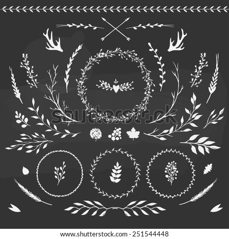 set of floral elements: leaves, flowers, branches and wreathes