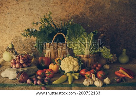 still life  Vegetables, Herbs and Fruit as ingredients in cooking.