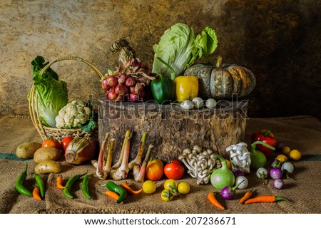 still life  Vegetables, Herbs and Fruits as ingredients in cooking.