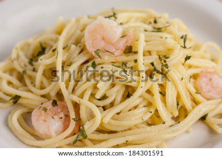 Lemon and Shrimp Pasta on a white plate.