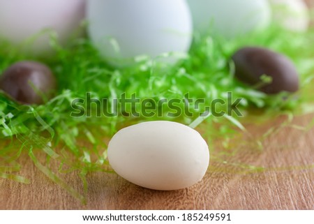 Chocolate, White Chocolate, and colored Easter Eggs in a Green grass nest.