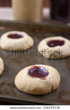 Raspberry peanut butter and jelly thumbprint cookies.