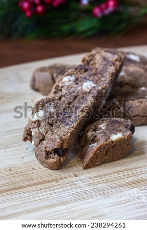 Chocolate chunk biscotti with white chocolate and almonds.