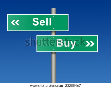 Street sign against blue sky. Sell. Buy.