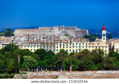 Aerial view from Old fortress on the city with  New Fortress, Kerkyra, Corfu island, Greece