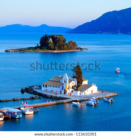 Sunset scene of Vlacherna monastery, Kanoni, Corfu, Greece - stock photo