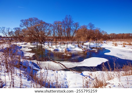 Forest River with Snow at Early Spring, Russian Nature