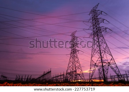 Sunset over a Silhouette electrical substation