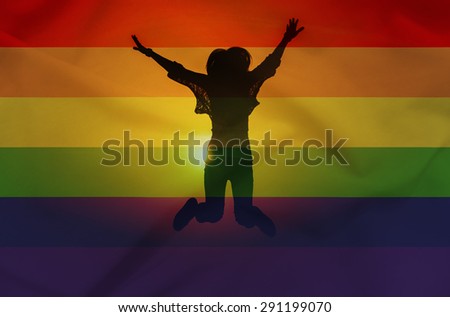 Double exposure of Equality Marriage and a woman jumping with the rainbow flag on a flag background