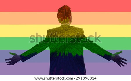 Double exposure of Equality Marriage and a man with the rainbow flag on a flag background