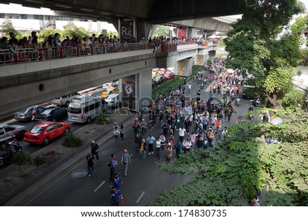 Bangkok, Thailand - Dec 9, 2013 : At Victory monument, Thai anti-government protesters rally from SCB park to downtown Bangkok.