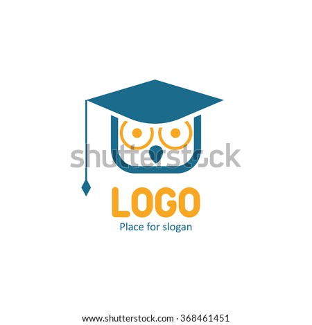 Isolated blue and yellow vector owl logo. Bird in a hat and glasses tutor illustration school emblem. Graduation symbol. Teacher image. Student illustration. Studying icon.