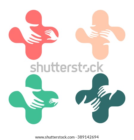 Abstract hand design sign. Vector love children logo. Cross logo. Hands logo. Hand icon. Hope symbol. Medic symbol. Helping children sign. Help and support those in need. Free medical care.