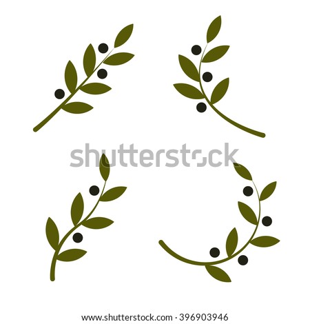 Set of green vector olive branch logo. Olives oil sign. Symbol of peace. Greek religious sign. Mythological icon.Healthy products label. Organic cosmetics. Eco food. Natural element. Agricultural item