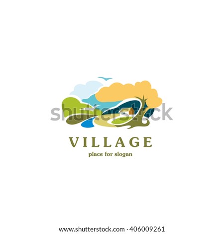 Scenic rural landscape. Village logo template. Nature vector illustration. Parks isolated logotype. Landscape picture. Art rural picture.