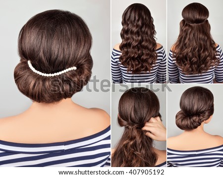 greek style hairdo with string of pearls tutorial. Hairstyle for long hair. Sea style.