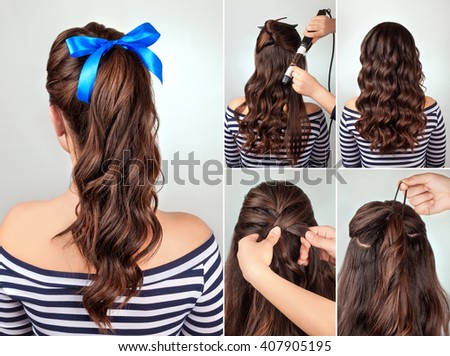 simple hairstyle pony tail on curly hair tutorial. Hairstyle for long hair. Sea style