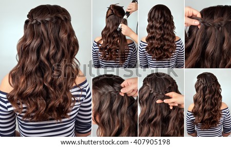 hairdo Ã?Â�ascade braid on curly hair tutorial. Hairstyle for long hair. Sea style