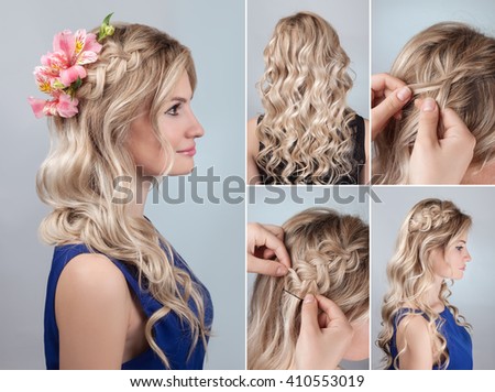 simple braid hairstyle with curly hair tutorial. Romantic evening hairstyle for long hair. Blond model hairstyle for bridesmaid with fresh alstroemeria