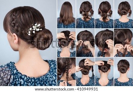 romantic braided bun updo with flowers tutorial. Hairstyle for middle hair