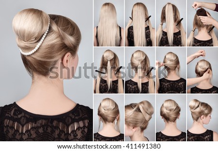 Hairstyle tutorial  elegant bun with chignon and string of pearls. Woman blonde with retro hairdo bun