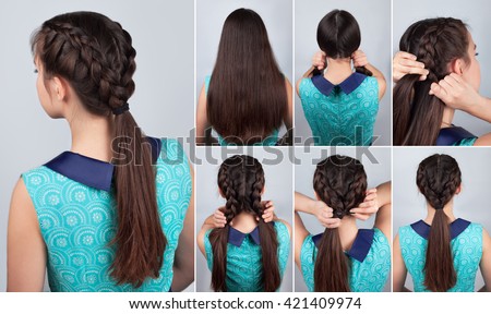 simple braid hairstyle tutorial. Easy hairstyle for long hair. Hairstyle tutorial two braids with pony tail. Hair tutorial