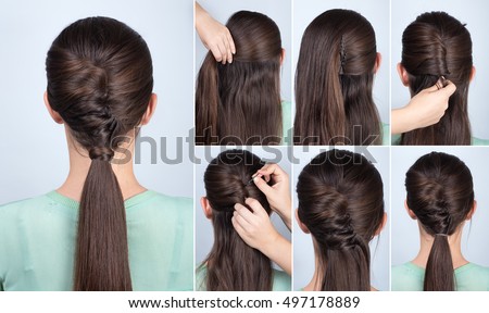 simple hairstyle ponytail with twist hair tutorial step by step. Hairstyle for long hair. Hairstyle tutorial