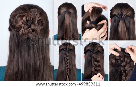 hairstyle braided rose tutorial  step by step. Hairstyle for long hair. Simple hairstyle for long and medium loose hair tutorial. Braided hairstyle. Hair tutorial
