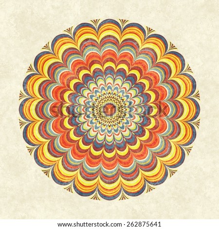 Colorful vintage round mandala. Circular fractal mandala with multicolored stripes in the grunge vintage style.
