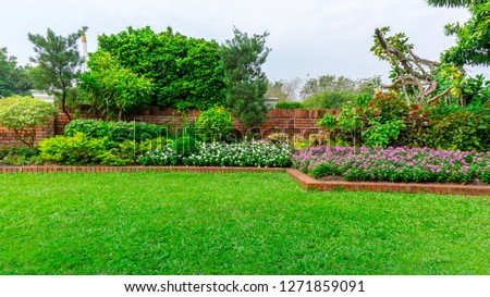 Beautiful English cottage garden, colorful flowering plant on smooth green grass lawn and group of evergreen trees in good care maintenance landscaping of a public park under white sky