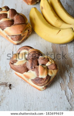 Banana bread with chocolate in  tail shaped. Mini banana breads