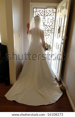 Back view of brides wedding dress.