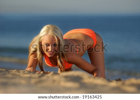 Pretty blonde bikini girl posing on beach