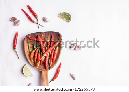 herbs and spices with wooden mortar isolated on white background
