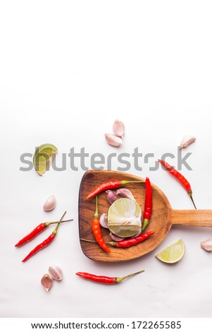 herbs and spices with wooden mortar isolated on white background