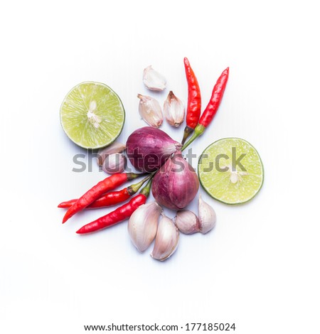 Chili and herbs isolated on white background