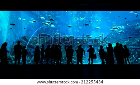 Bigest aquarium with silhouettes of people