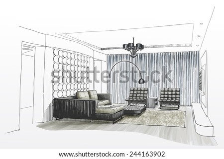 Living room interior sketch.